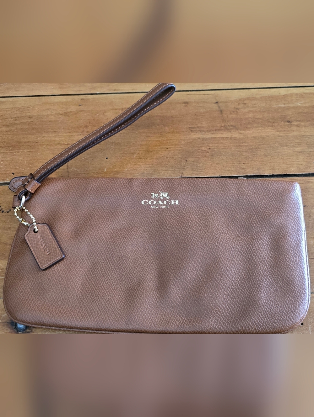 Coach Brown Textured Leather Wristlet with Logo B1632 F65555